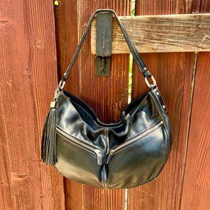 Crescent Shape Black Supple Smooth Leather  Silver Hardware Tassel